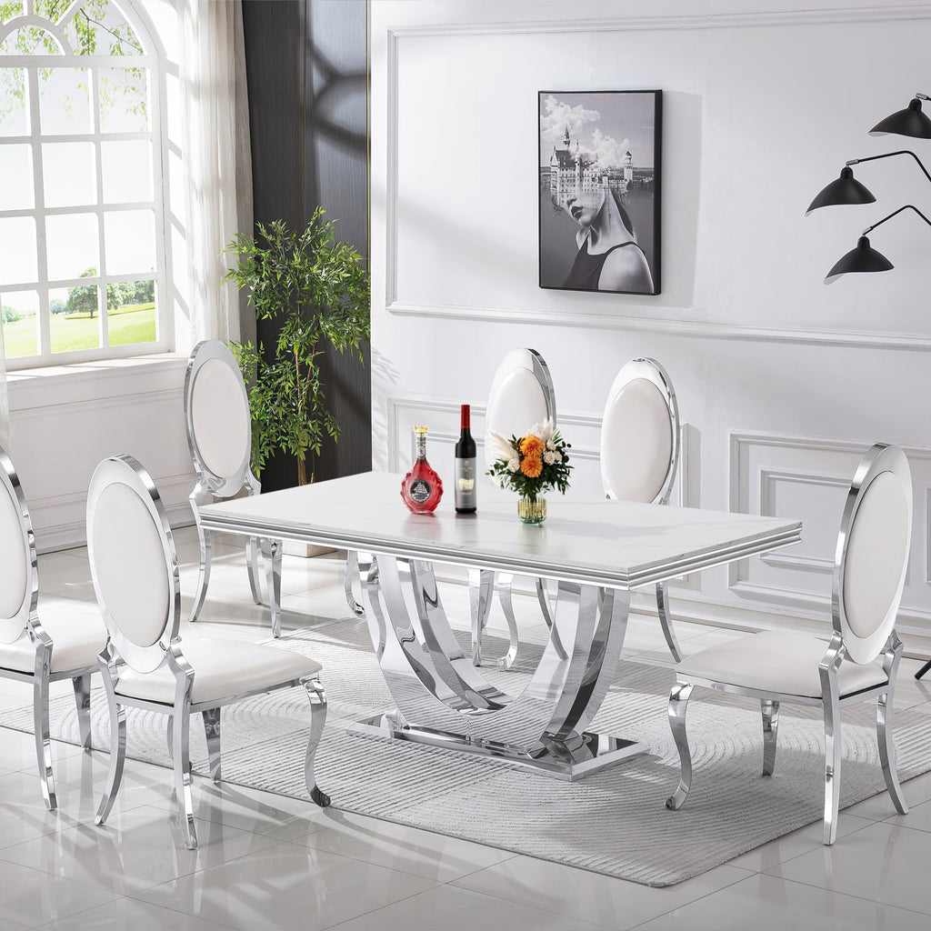Inspired Saarinen Style White Marble Dining Table Luxury Faux Marble Kitchen Table with U-Shape Mirrored Pedestal Base, 68" Rectangular White