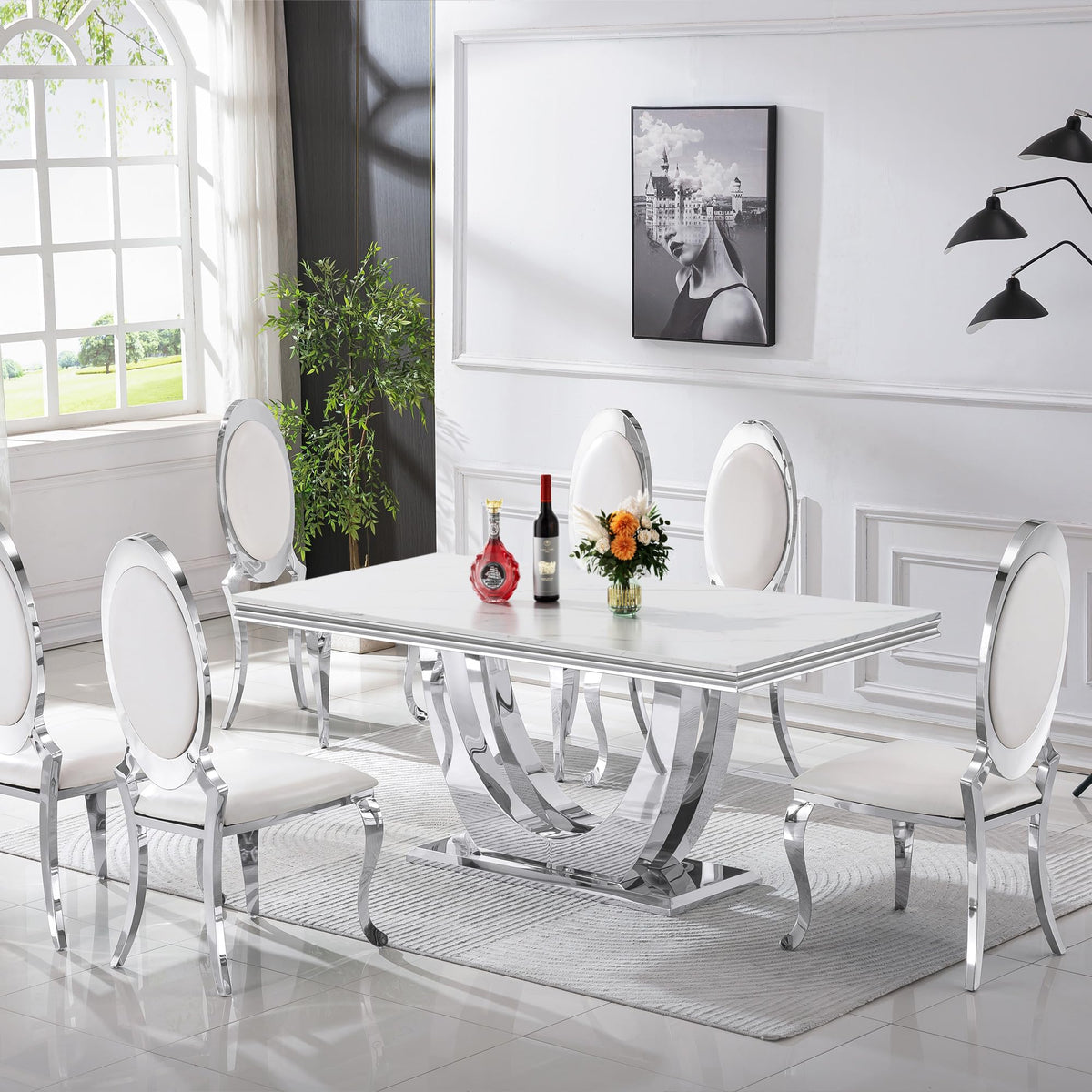Inspired Saarinen Style White Marble Dining Table Luxury Faux Marble Kitchen Table with U-Shape Mirrored Pedestal Base, 68" Rectangular White
