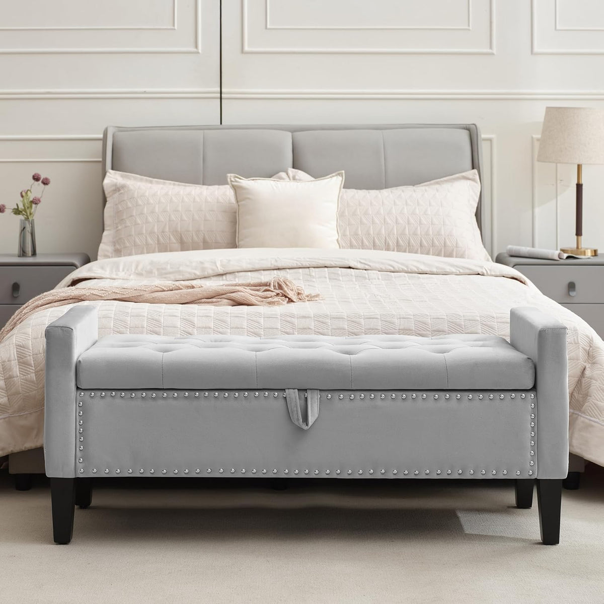 Velvet Storage Ottoman Bench, 46'' Upholstered Button Tufted End of Bed Bench, Modern Storage Bench , Grey