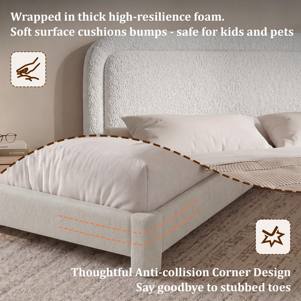 Boucle Full Size Bed Frame with Adjustable Headboard, Upholstered Cloud Platform Bed Frame with Wood Slats