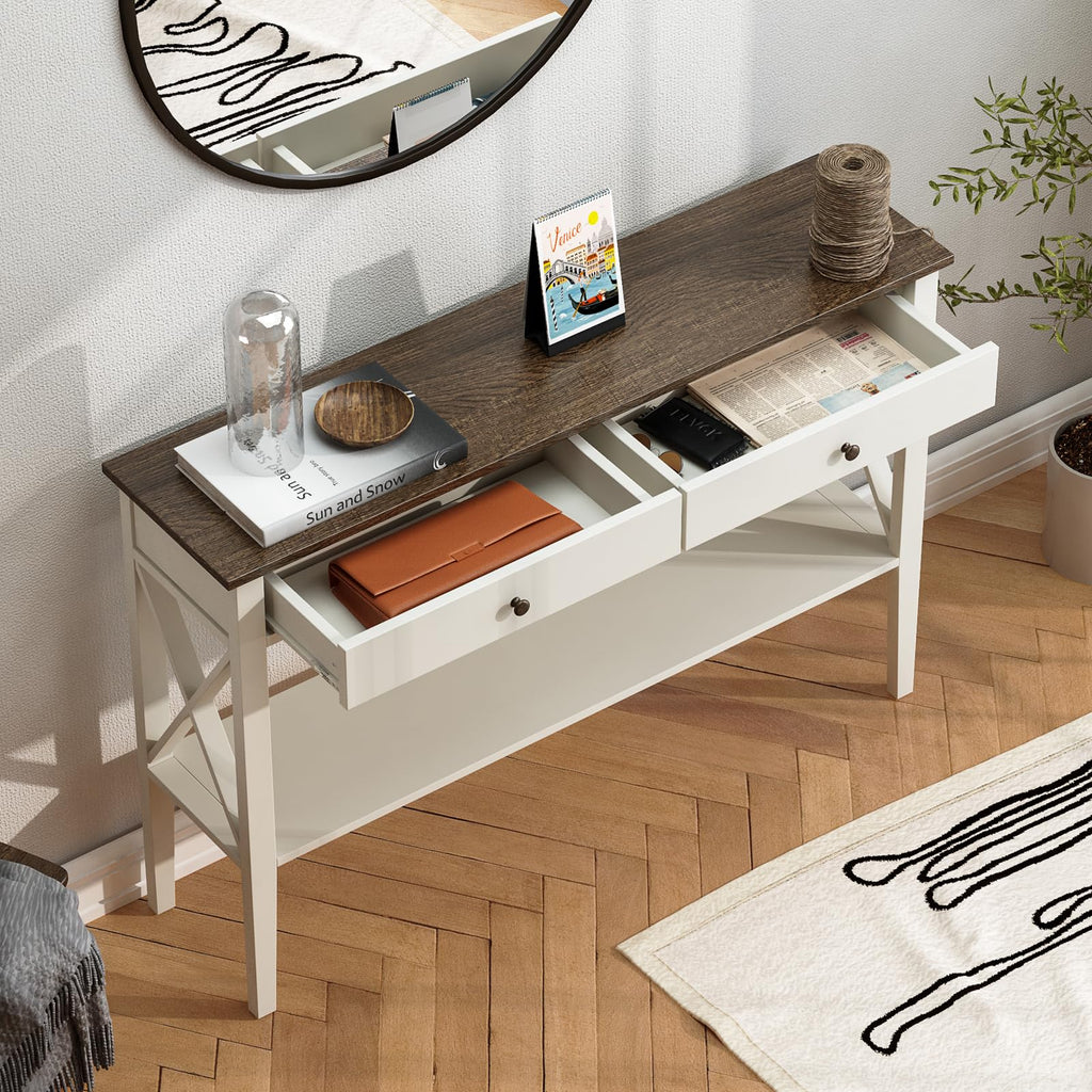 47" Farmhouse Entryway Table with Drawers and Storage Shelf