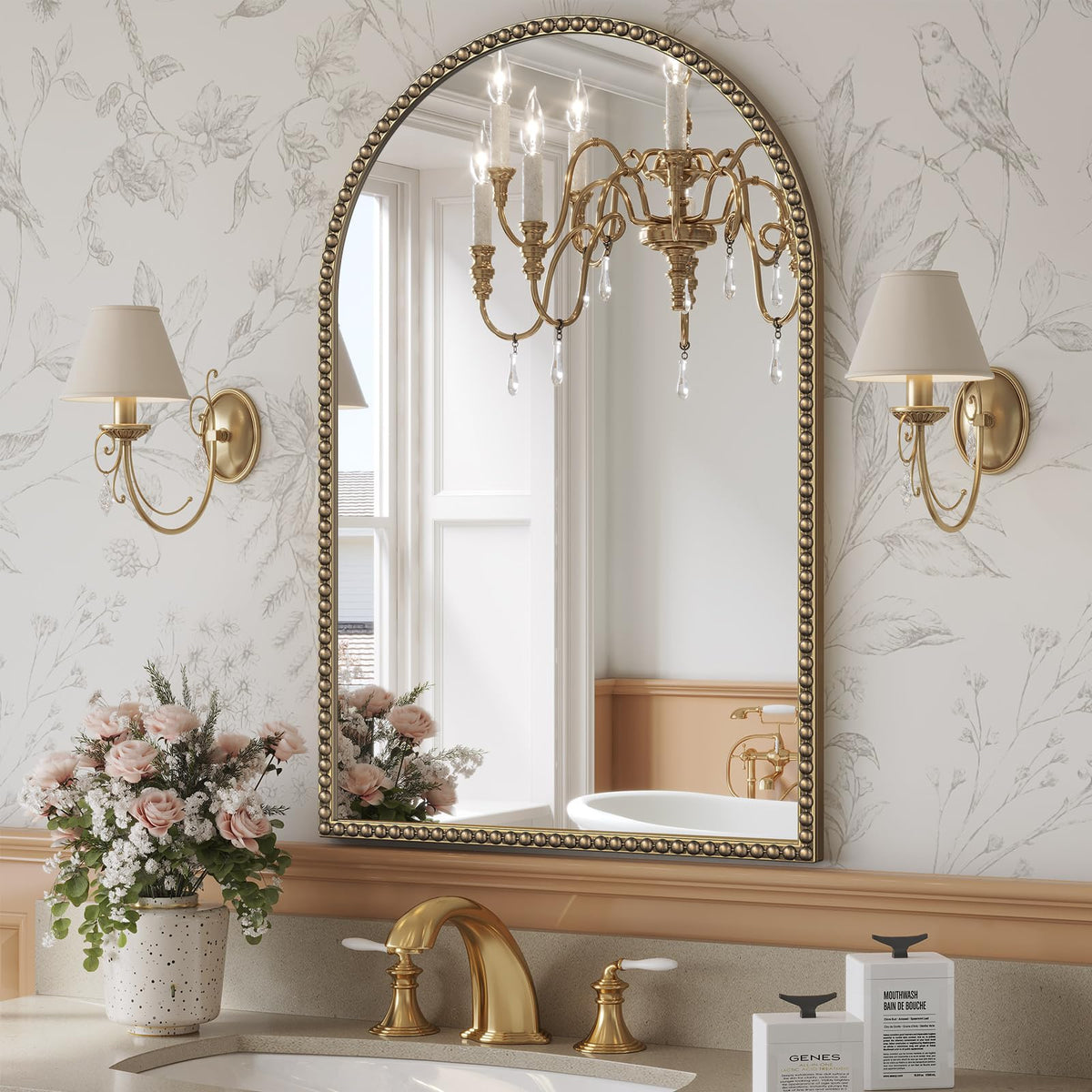 Arched Beaded Mirror, 24"x36" Champagne Bronze Mirror