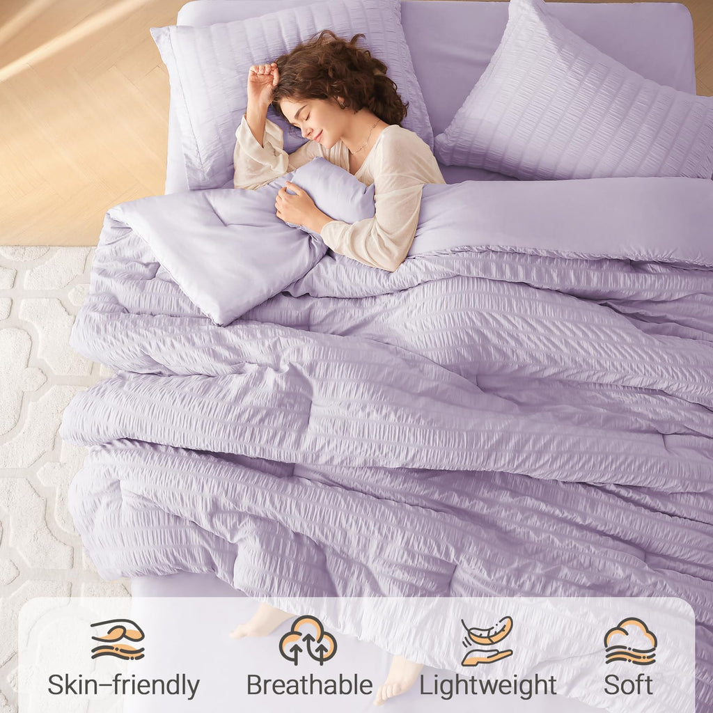 Comforter Set 7 Pieces, Seersucker Bed in a Bag, Lavender