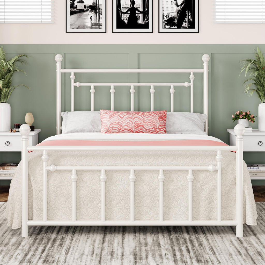 14'' Metal Platform Bed Frame, Vintage Headboard, White