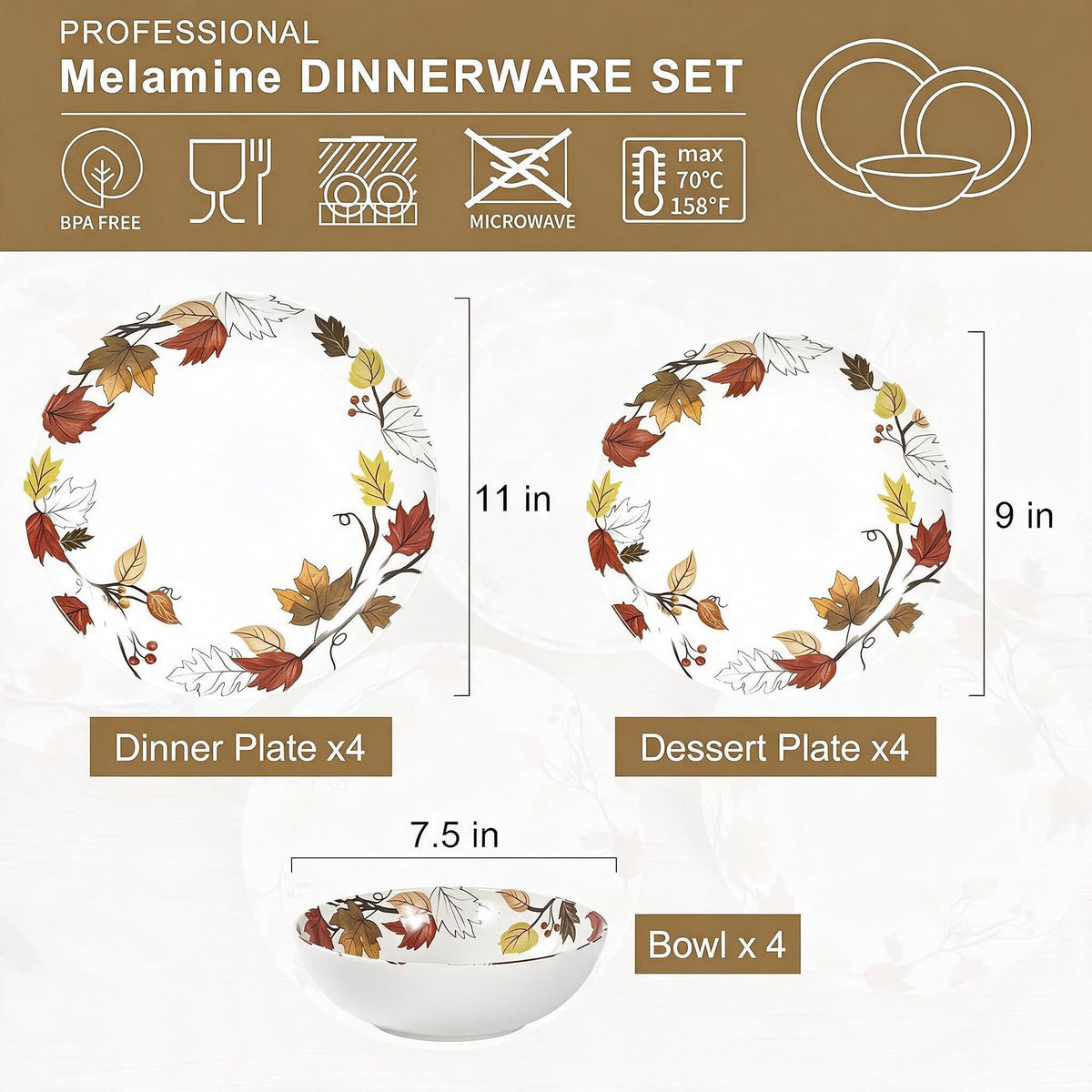 Melamine Dinnerware Set for 4, 12-Piece Fall Dishes, Yellow Maple Leaves