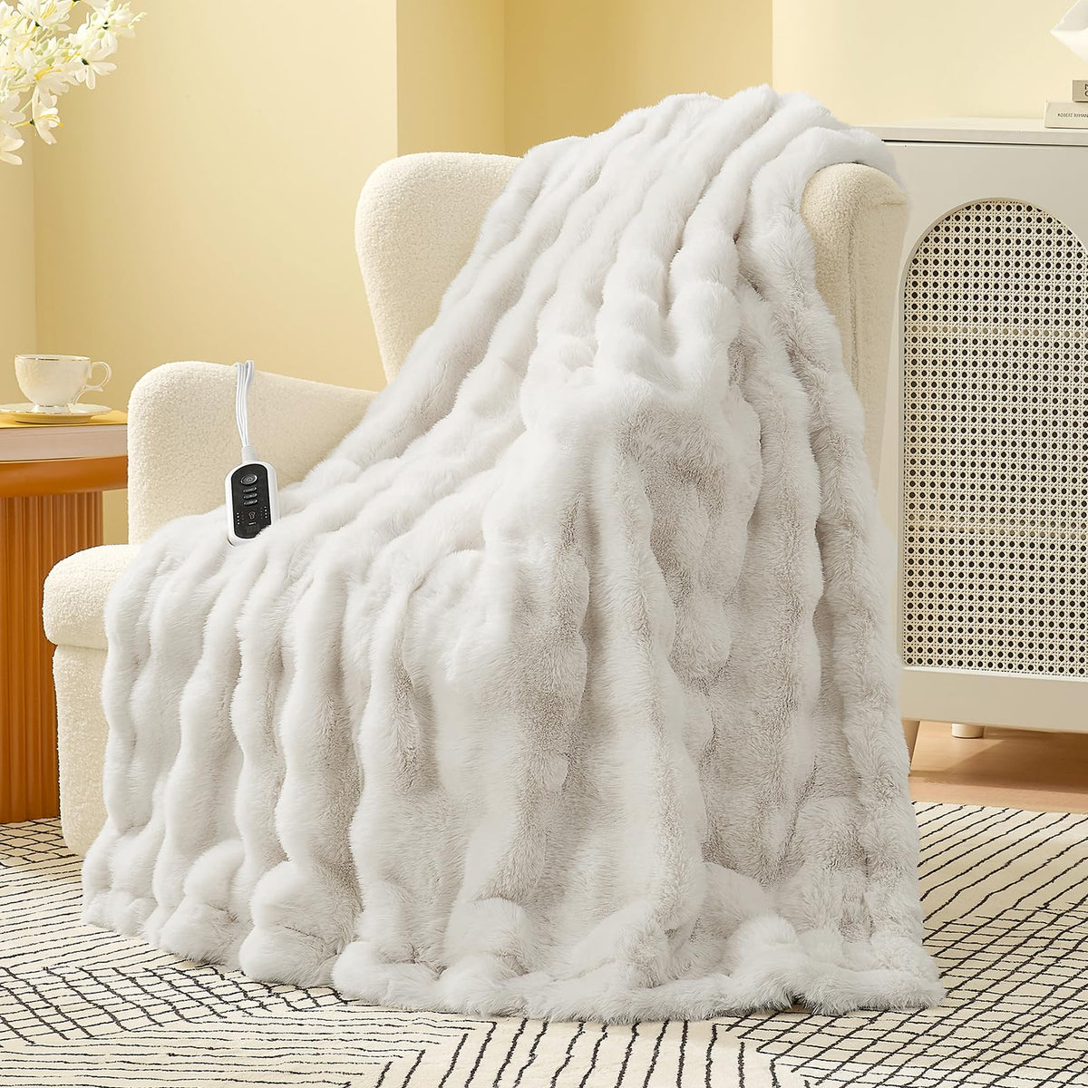 Heated Bubble Faux Fur Blanket Electric - 62"x84" Heating Blanket Throw 2/4/6/8 Hours Auto-Off 8 Heat Level Over-Heat