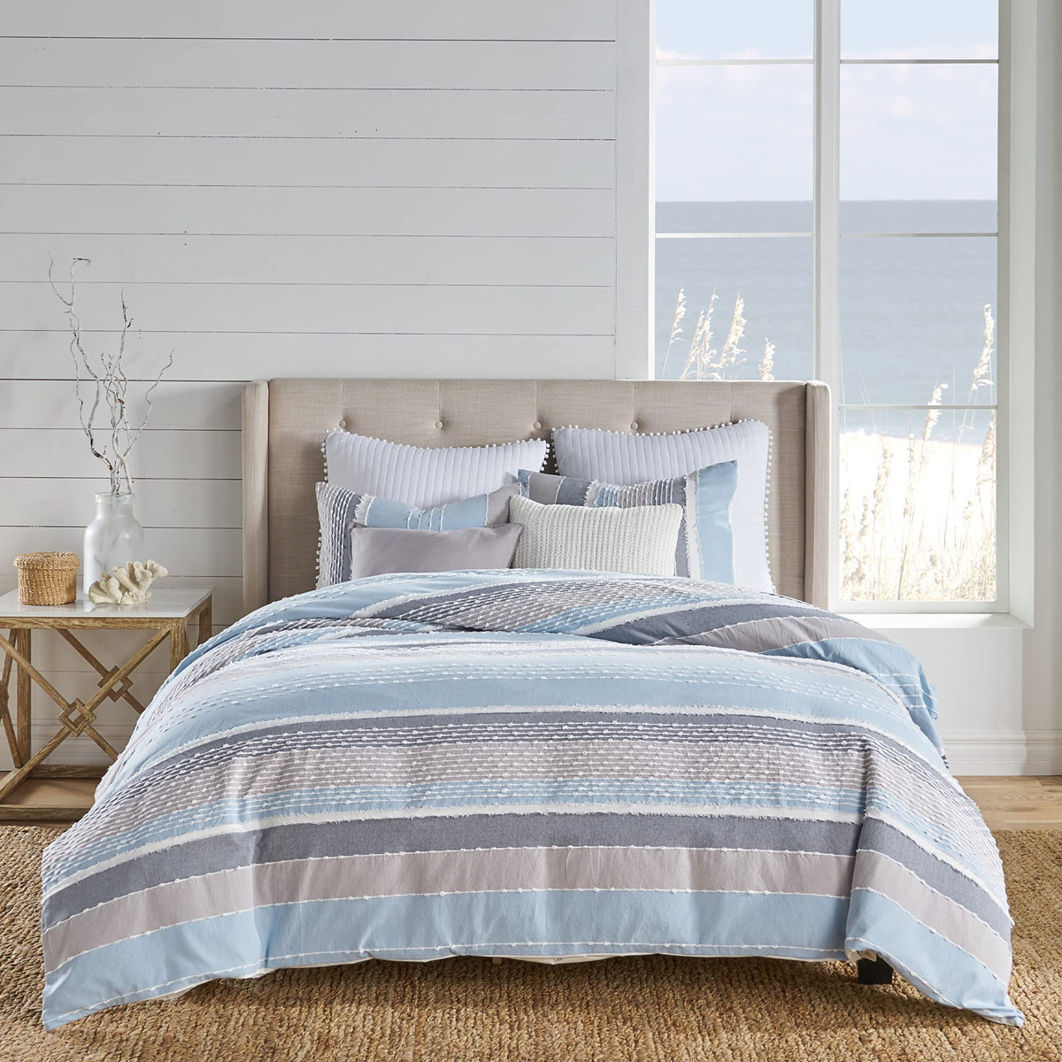 Santander Duvet Cover Set - King Duvet Cover + Two King Pillow Cases - Grey, Chambray, Blue, White - Jacquard - Duvet