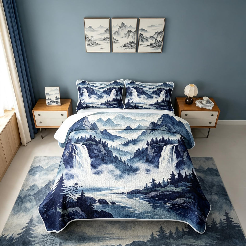 Navy Blue Ink Wash Mountain Waterfall Quilt Quilted Blanket - Rustic Woodland Pine Forest Cabin Lodge
