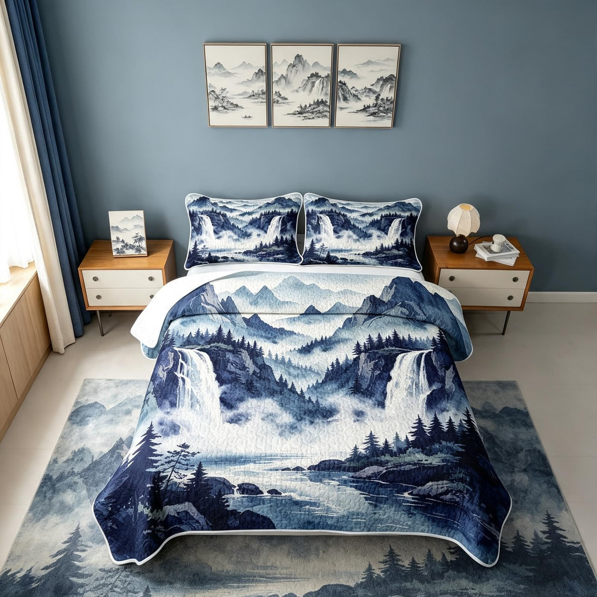 Navy Blue Ink Wash Mountain Waterfall Quilt Quilted Blanket - Rustic Woodland Pine Forest Cabin Lodge