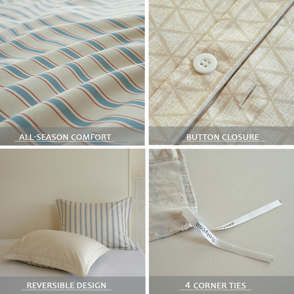 Striped Duvet Cover, 100% Natural Cotton Vintage Beige & Blue Pattern Printed Bedding Set, Soft Breathable