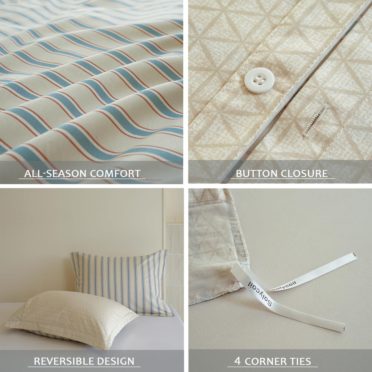 Striped Duvet Cover, 100% Natural Cotton Vintage Beige & Blue Pattern Printed Bedding Set, Soft Breathable