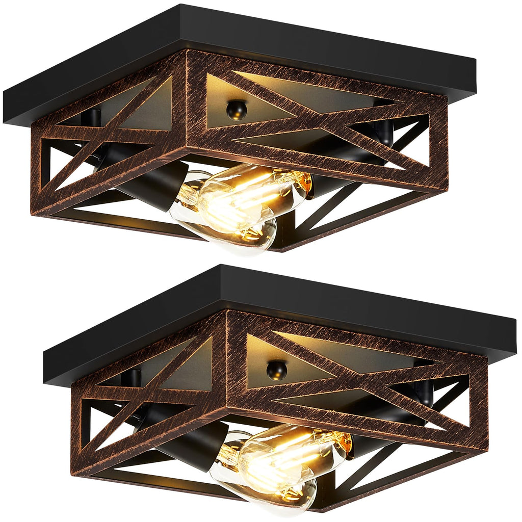 Flush Mount Ceiling Light, 2-Light Farmhouse Light Fixtures, Square Hallway Light Fixtures, Rustic Black Ceiling Light
