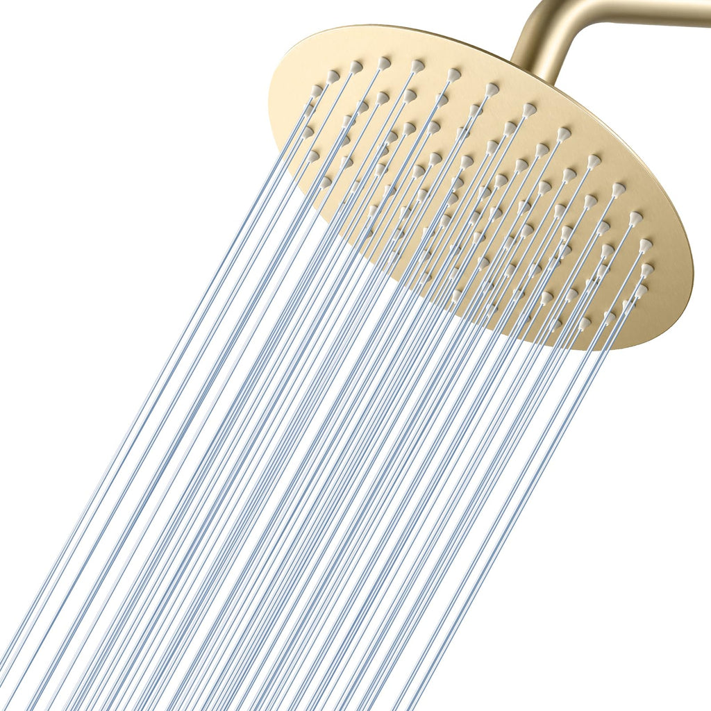 Brushed Gold Round Rainfall Shower Head, All Metal Stainless Steel Rain Shower Heads with 90 Anti-Clog Silicone
