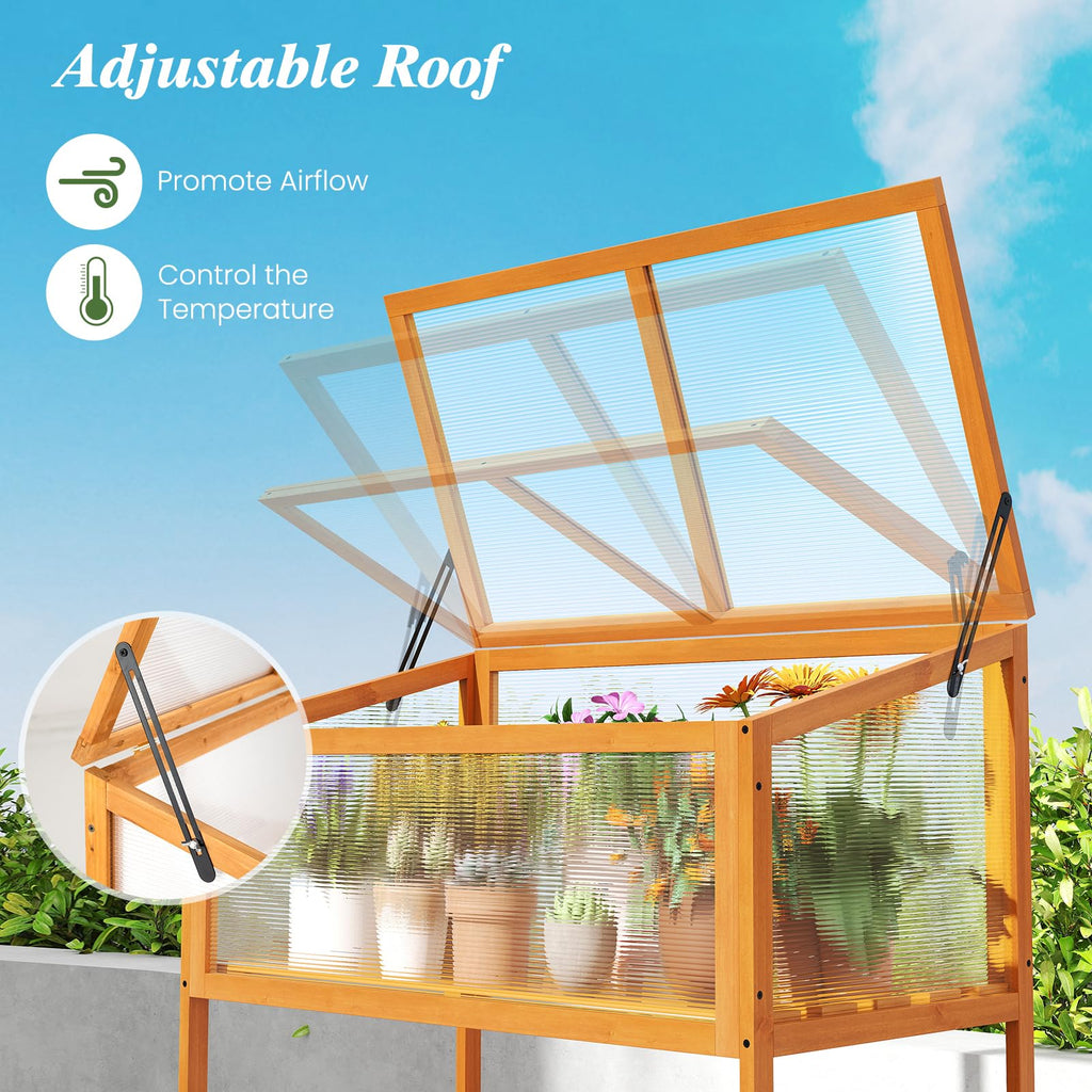 Wood Cold Frame Greenhouse, Raised Flower Planter Protection with Transparent Openable Roof & Slatted Shelf, Indoor