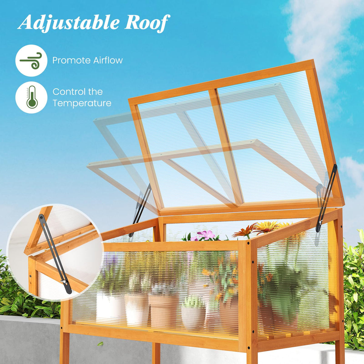 Wood Cold Frame Greenhouse, Raised Flower Planter Protection with Transparent Openable Roof & Slatted Shelf, Indoor