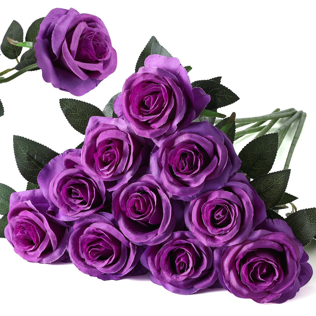 Artificial Silk Roses, 10Pcs Lifelike Fake Rose Bouquet, Purple Faux Flowers Decor, Table Centerpiece, Wedding
