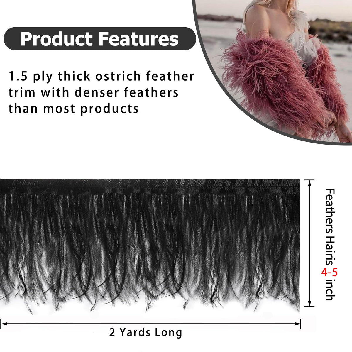 Black Ostrich Feather Trim, 4-5 Inch 2 Yards