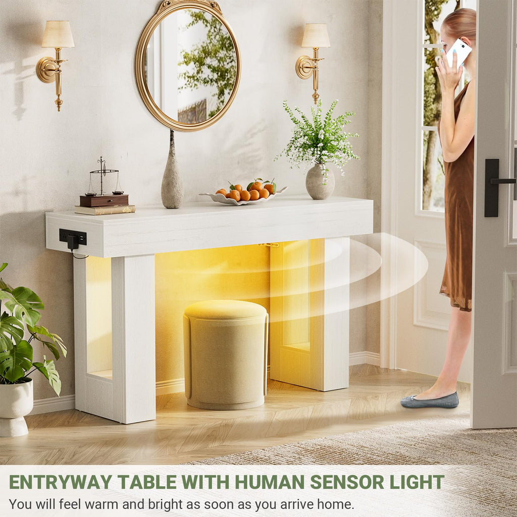 47" Entryway Table with Sensor Light and Outlets, Rustic White