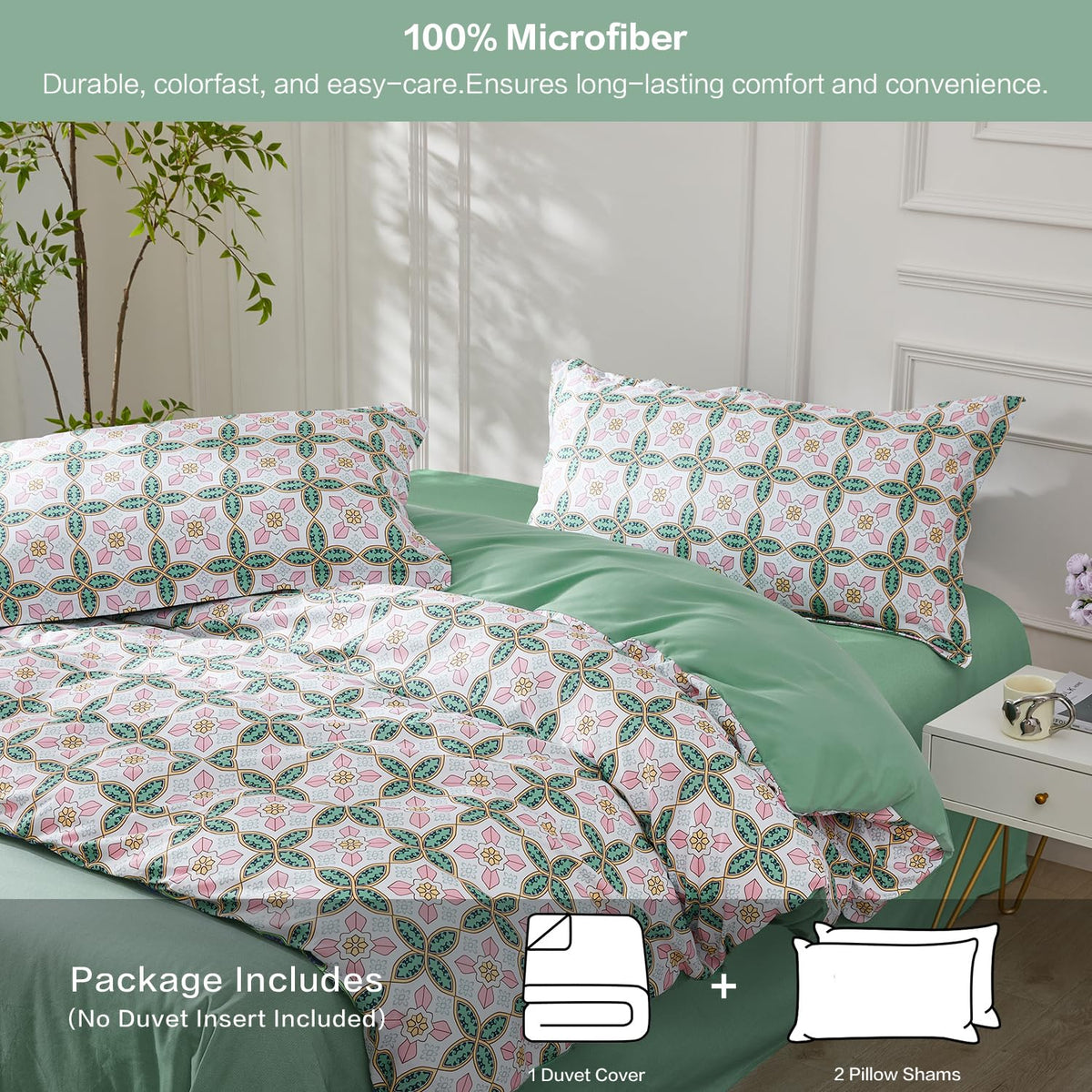 Full Boho Duvet Cover Green Paisley Bedding Set with 8 Corner Ties and 2 Pillow Shams Microfiber Reversible Duvet