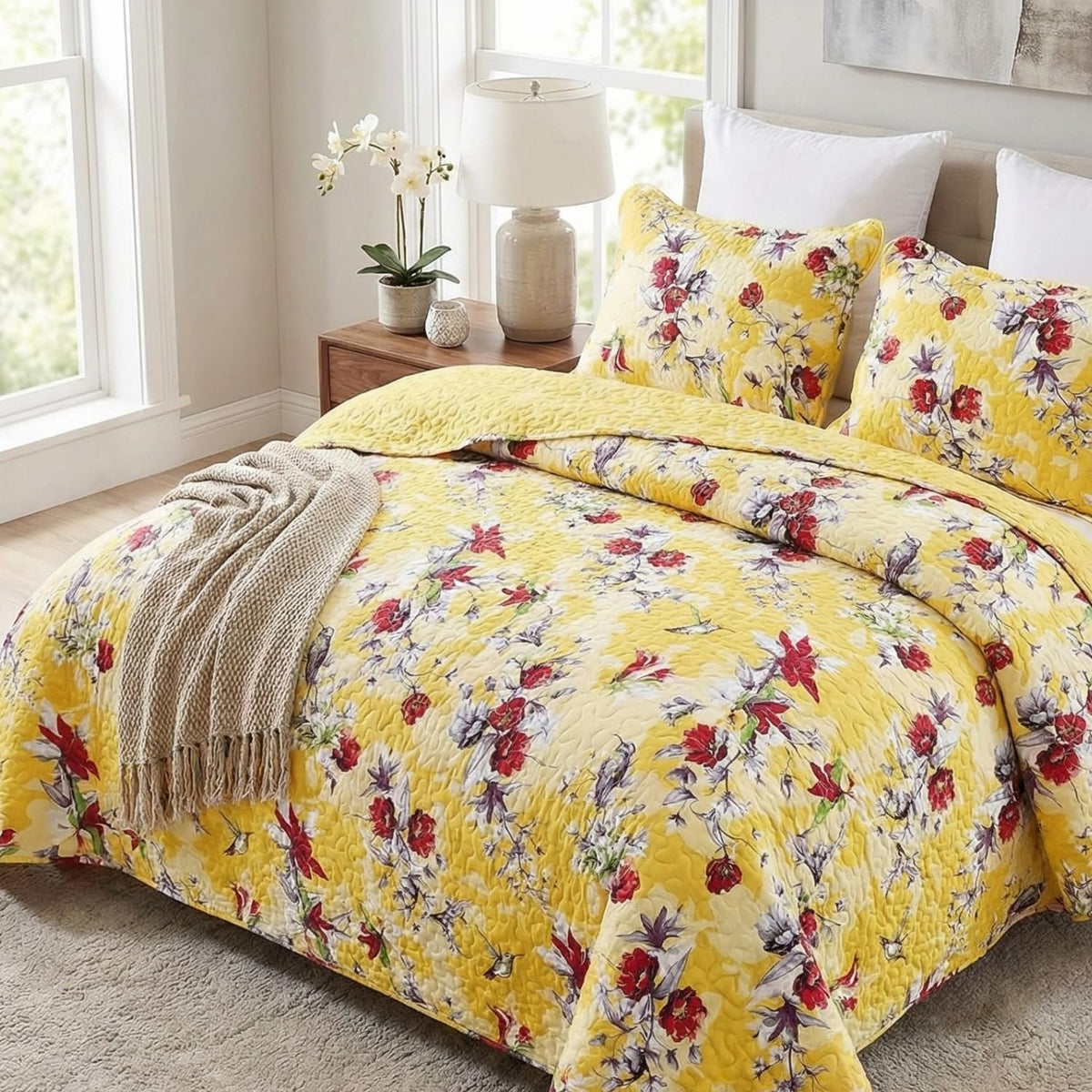 Bedding Radiant Sunshine Yellow Floral Bedspread Set - Hummingbirds Farmhouse Red Flowers Garden Quilted Coverlet