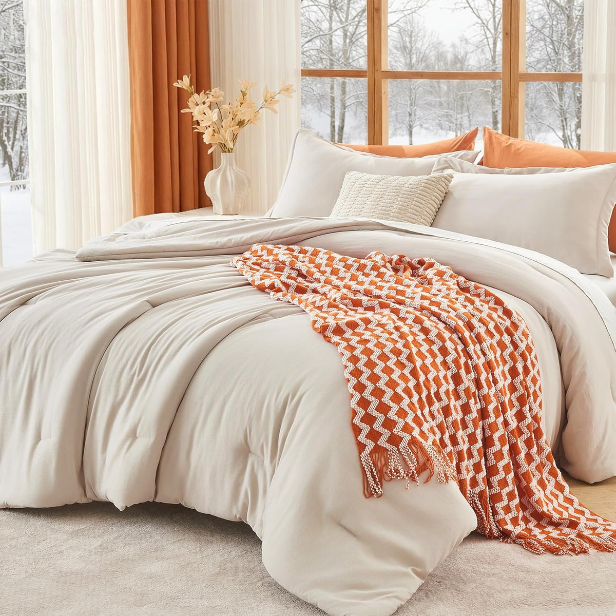 Solid Beige Comforter Set, 3-Piece All-Season Bedding Essentials