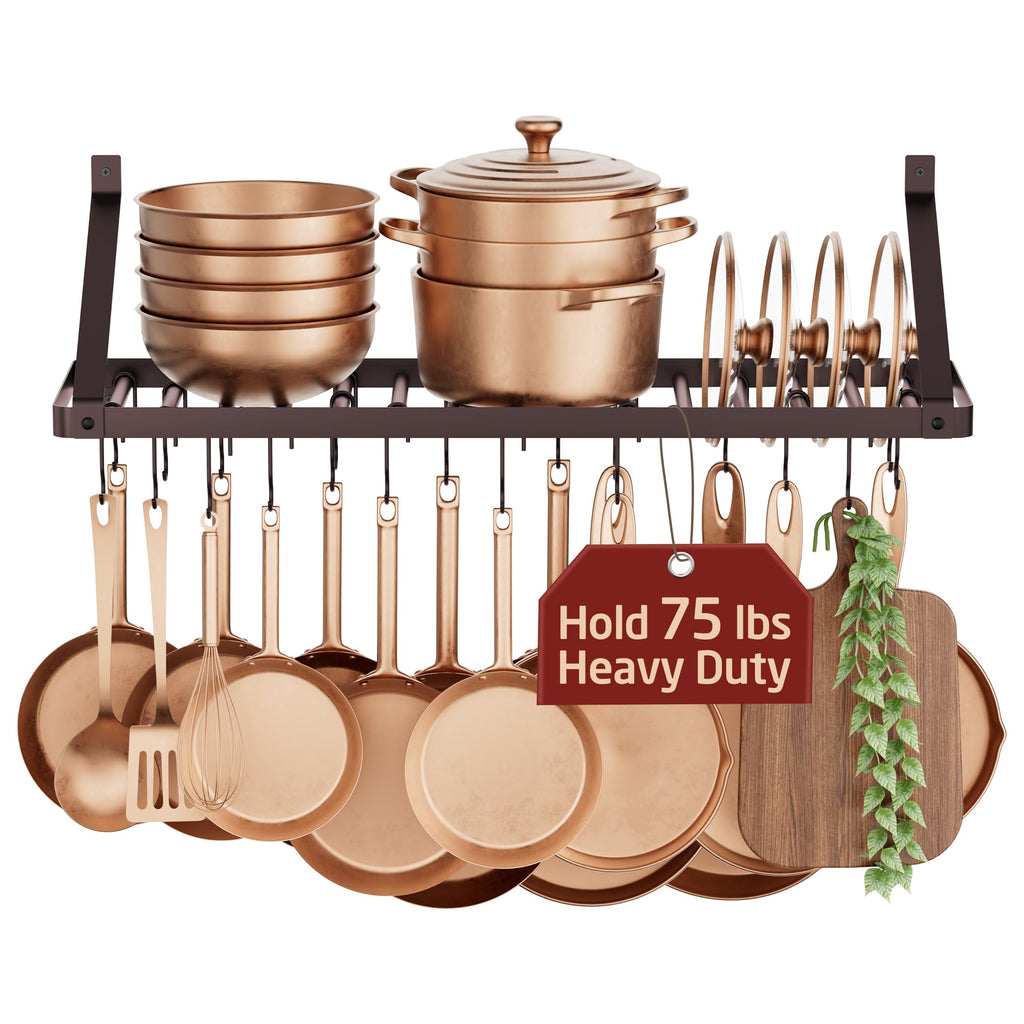 75lb High-Capacity Oil Bronze Pot Rack Wall Mounted with Pot Lid Holder