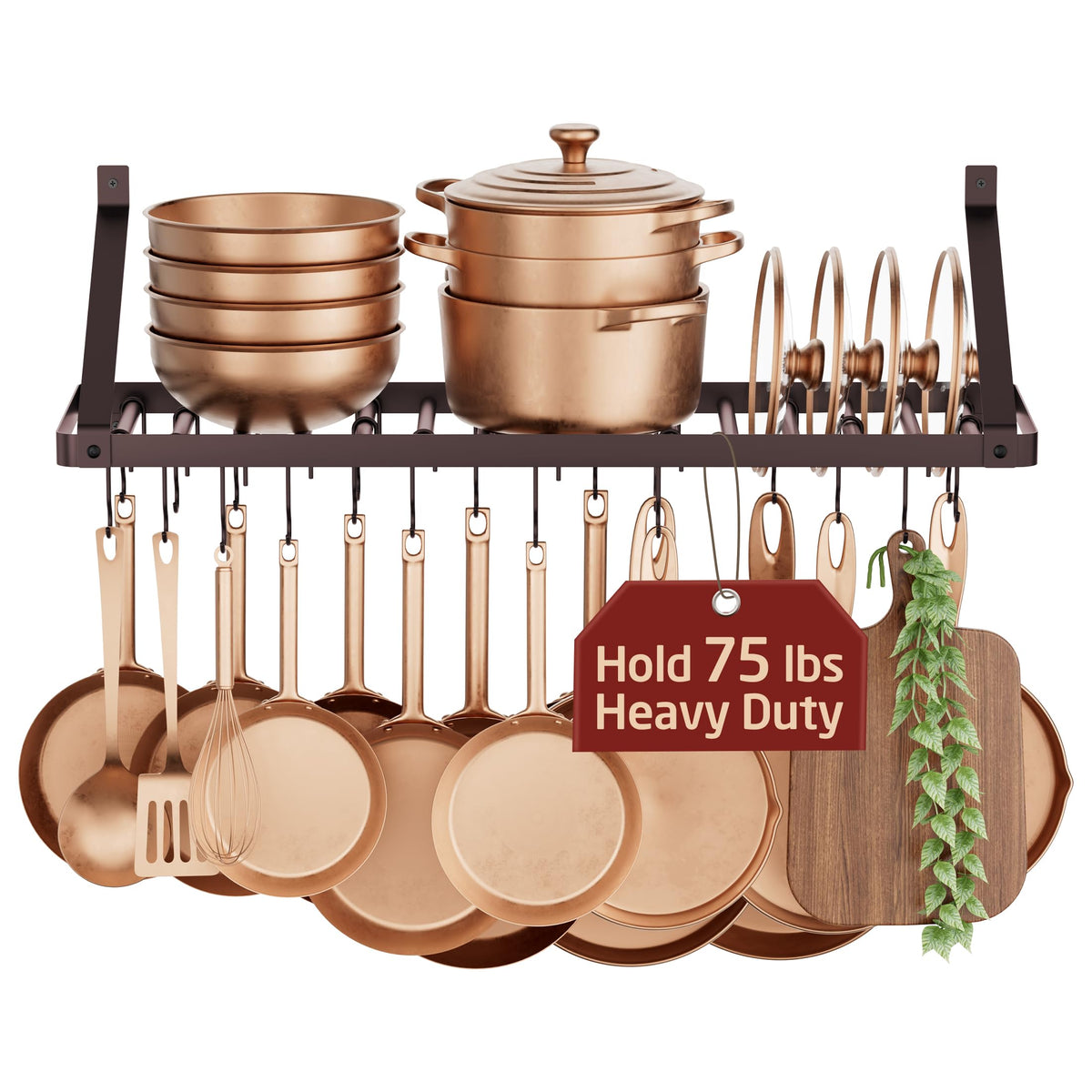 75lb High-Capacity Oil Bronze Pot Rack Wall Mounted with Pot Lid Holder