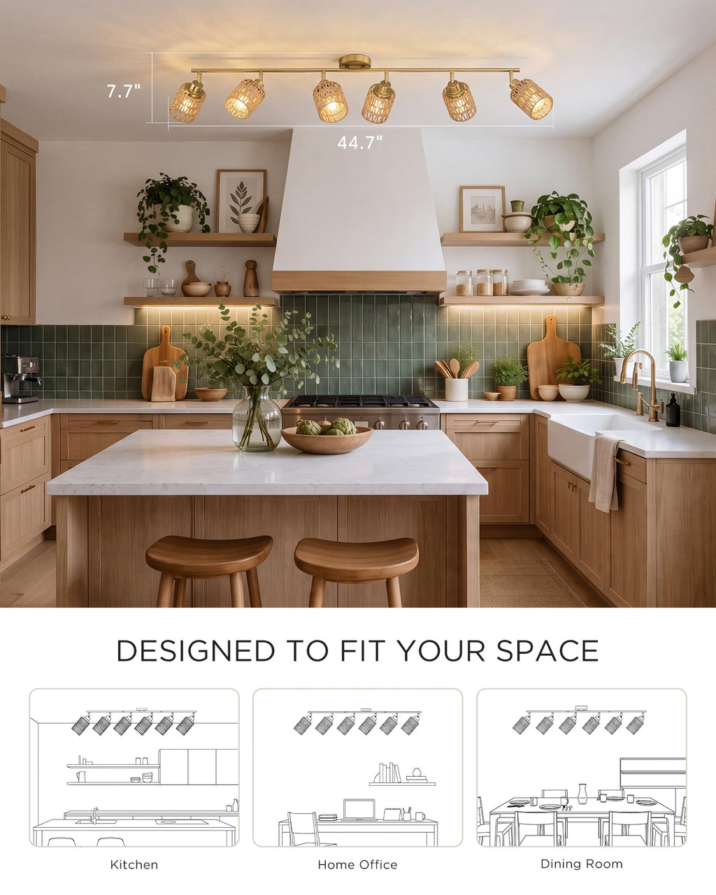 44.9" Kitchen Track Lighting, 6-Light Rattan Track Light