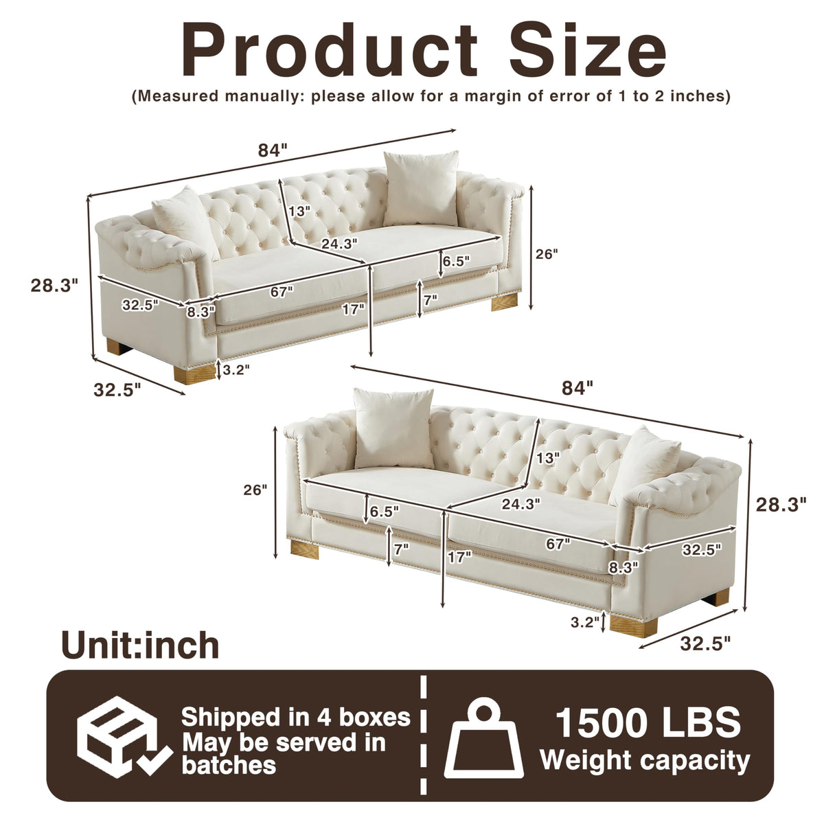 Modern Chesterfield Sectional Sofa, 3+3 Seater Combination Sofa with Rolled Arms, Button Tufted Back, Gold Studs - &