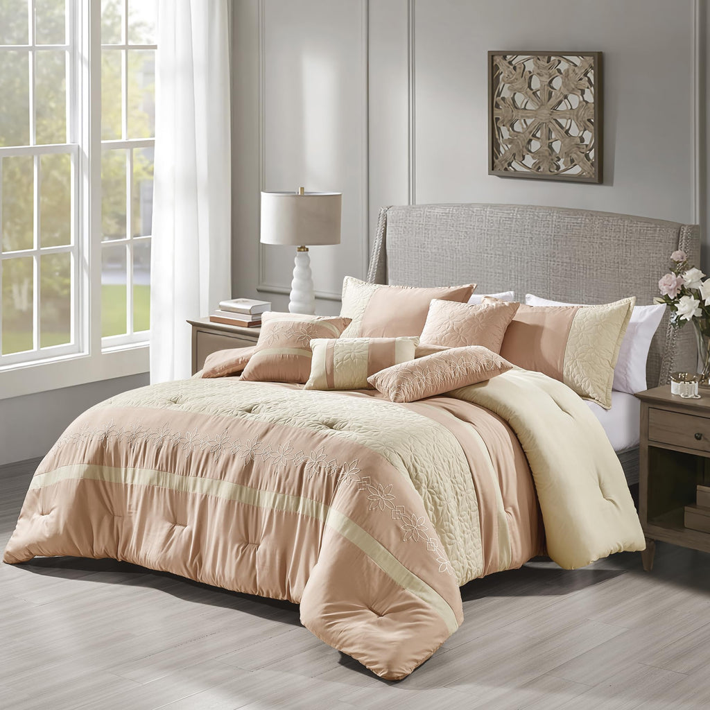 7-Piece Comforter Set with Embroidered Floral Motif - Soft Microfiber Bedding with Shams & Decorative Pillows - All