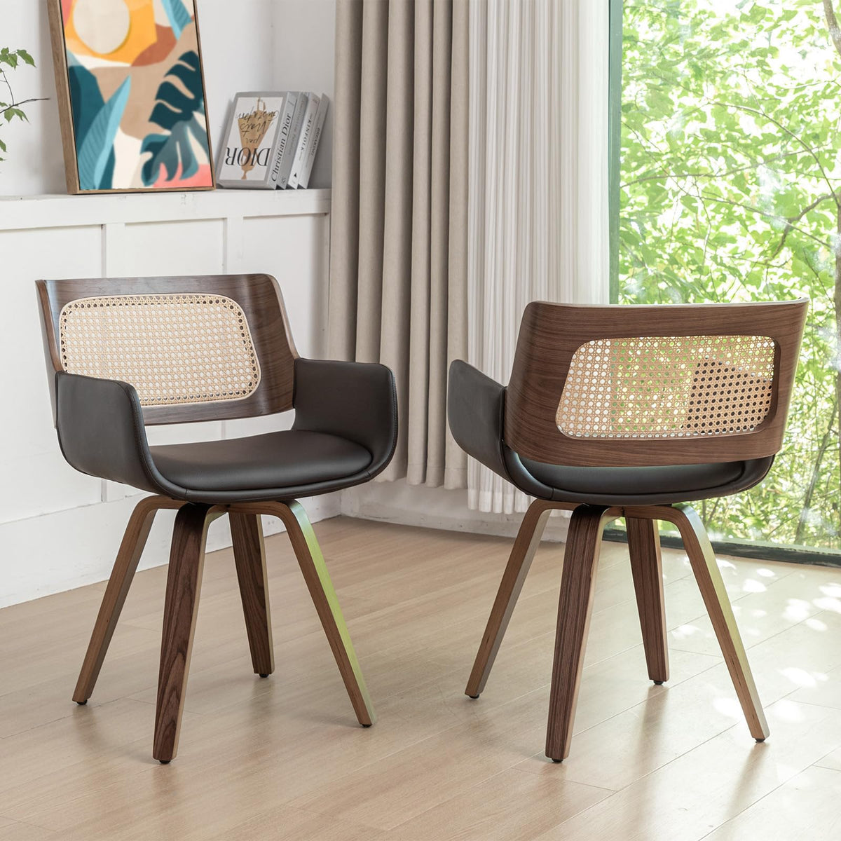 Cane Back Dining Chairs - Swivel Dining Room Chairs with Curved Arms