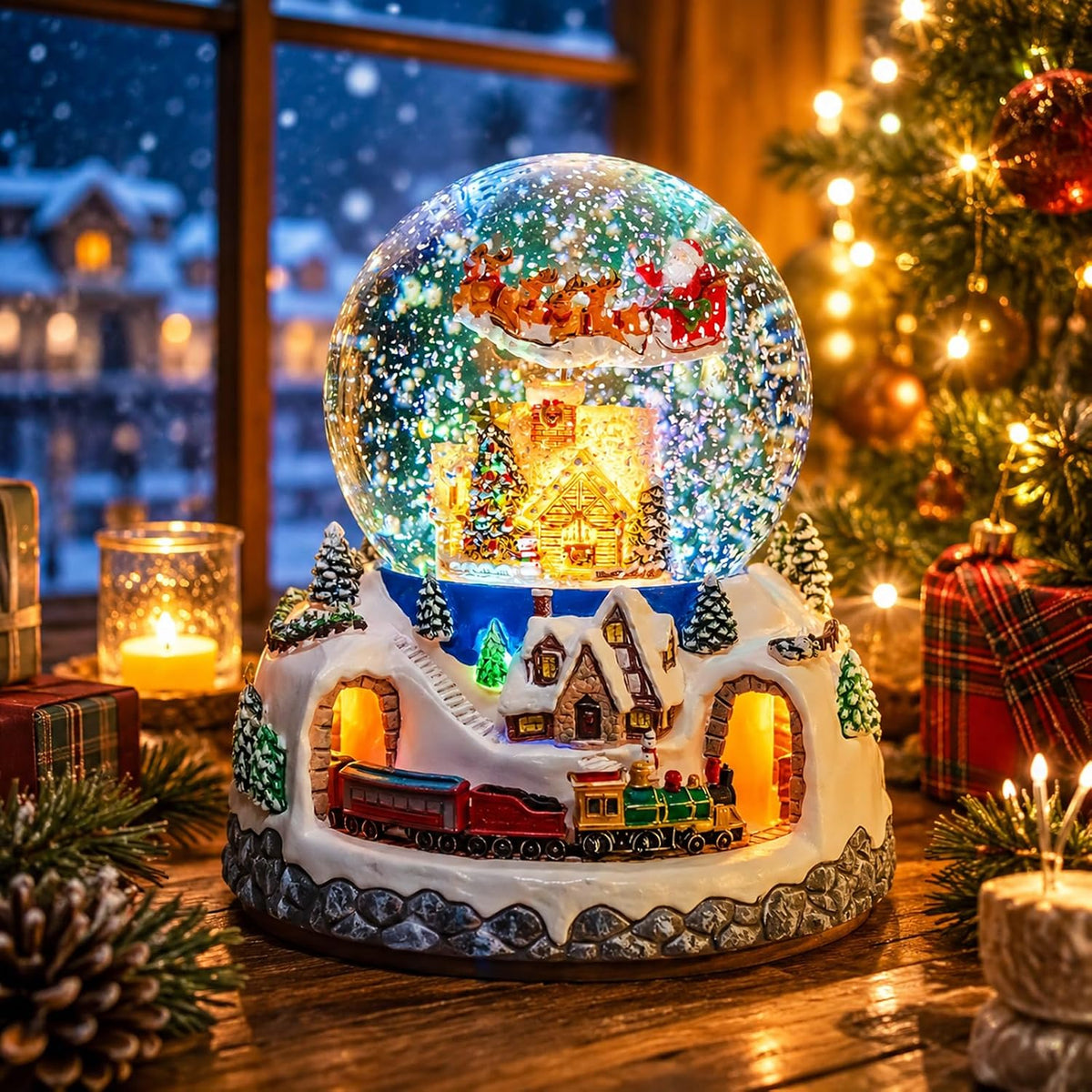 Musical Rotating Santa Claus Flying Over Village,Automatic Snowfall,Train, Christmas Snow Globe Music Box Gifts