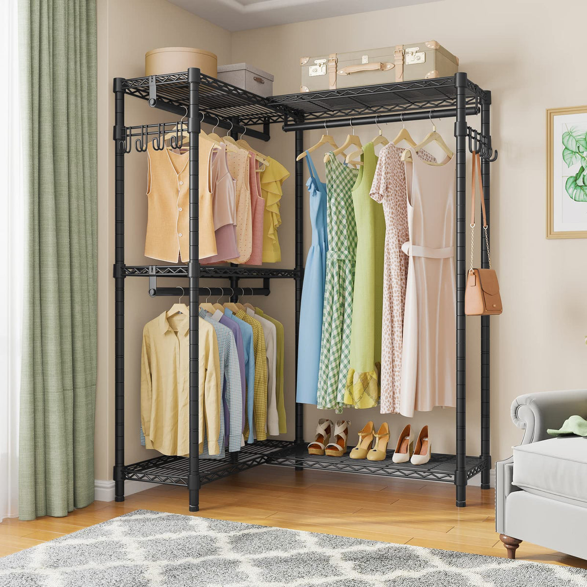 L4 Clothing Rack for Hanging Clothes Heavy Duty Closet for Corner