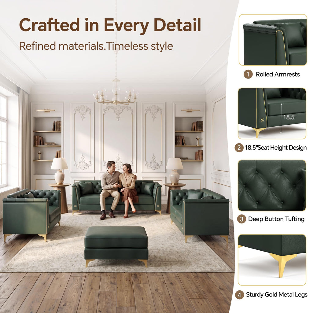3-Piece Light Luxury Chesterfield Faux Leather Sofa Set (Green)