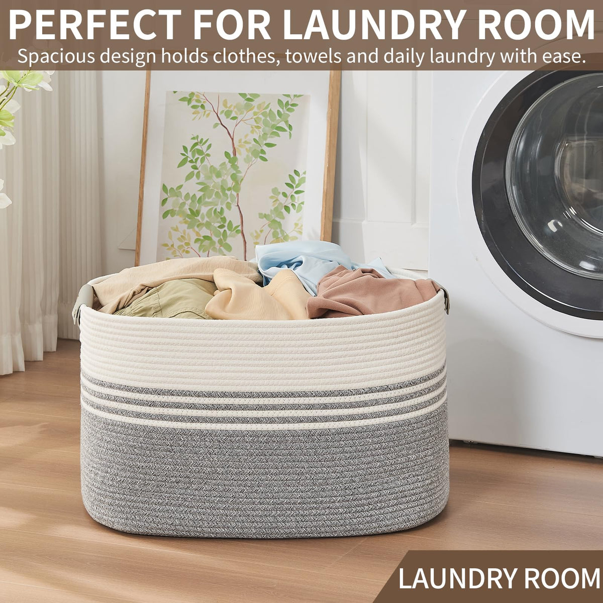 Hamper with Handles, 72L Rope Laundry Basket, Grey & White