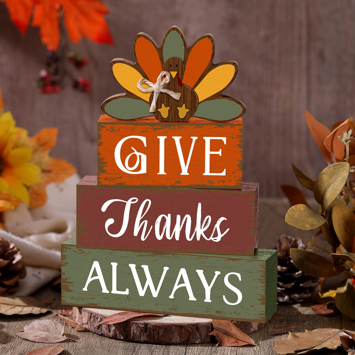 4 Pcs Thanksgiving Turkey Table Decor Wooden Sign Blocks
