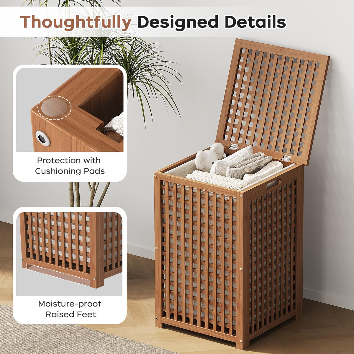 Large Laundry Hamper with Lid, 120L Bamboo Clothes Basket with Liner