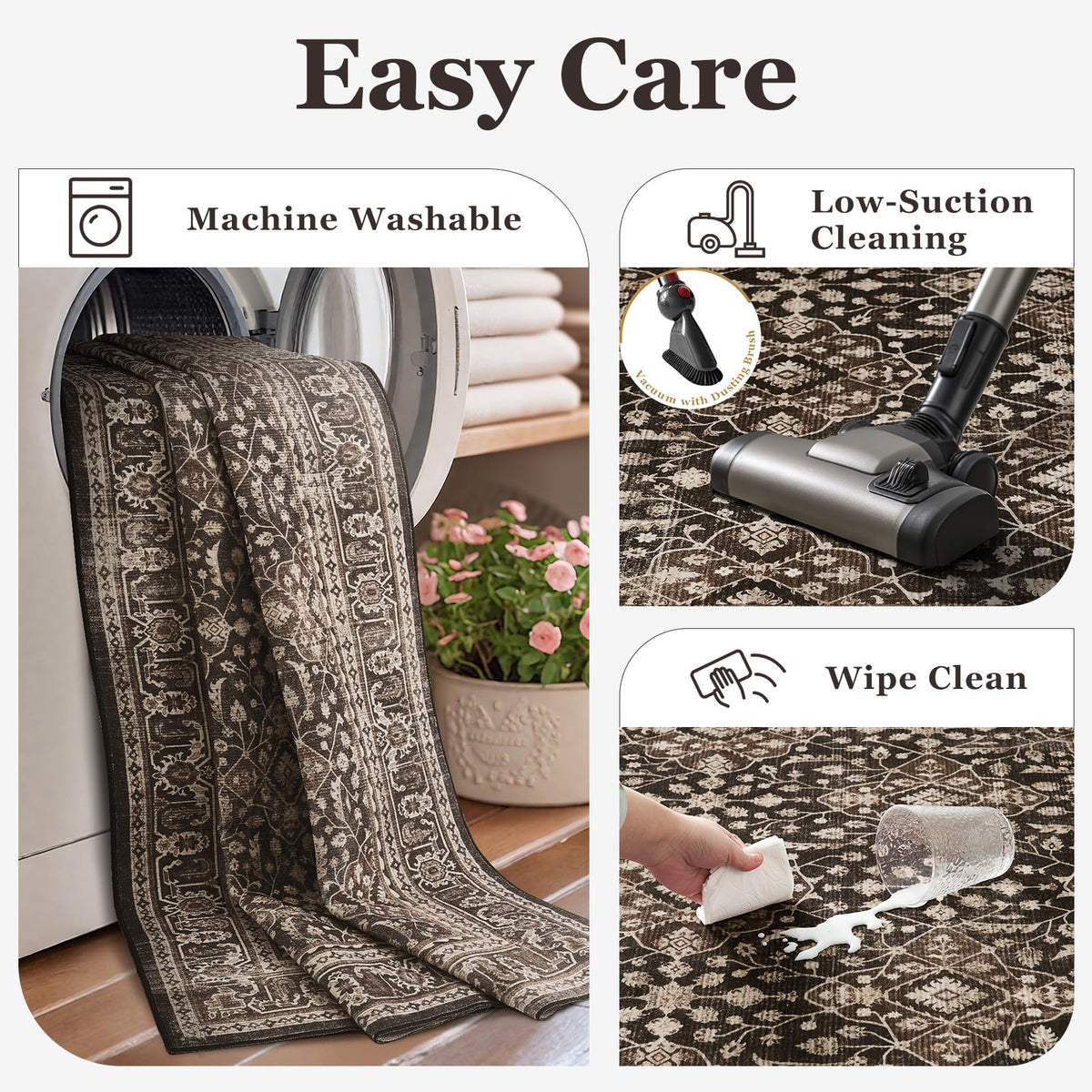 Dark Wood Vintage Washable Hallway Runner Rug, Brown Black