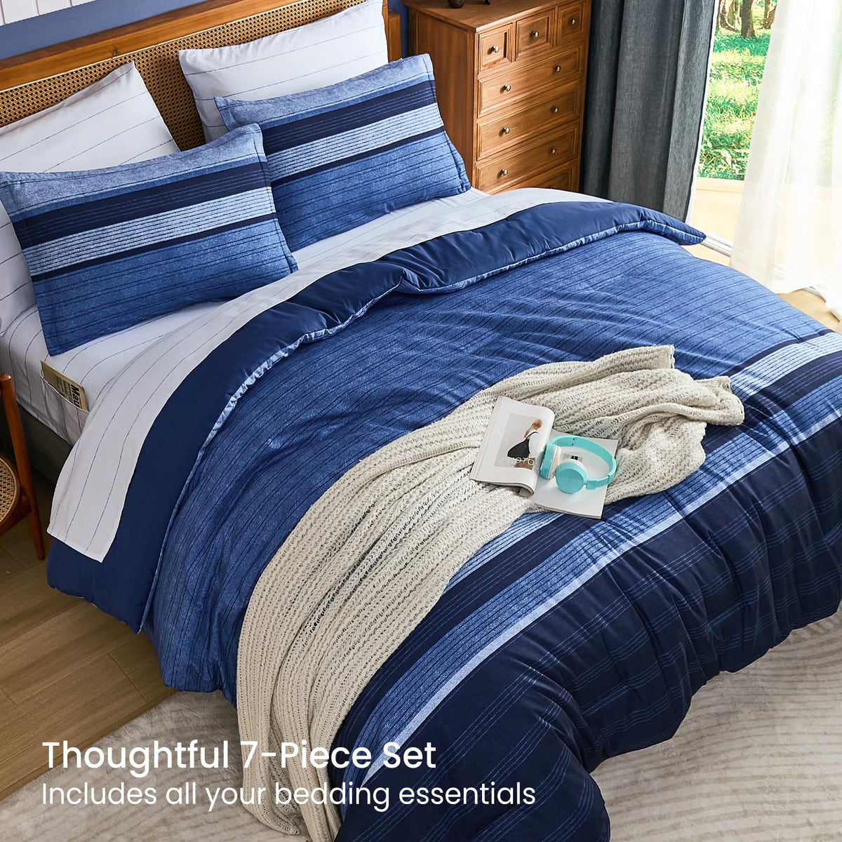 Navy Blue Comforter Set, 7 Pieces Striped Bed in a Bag