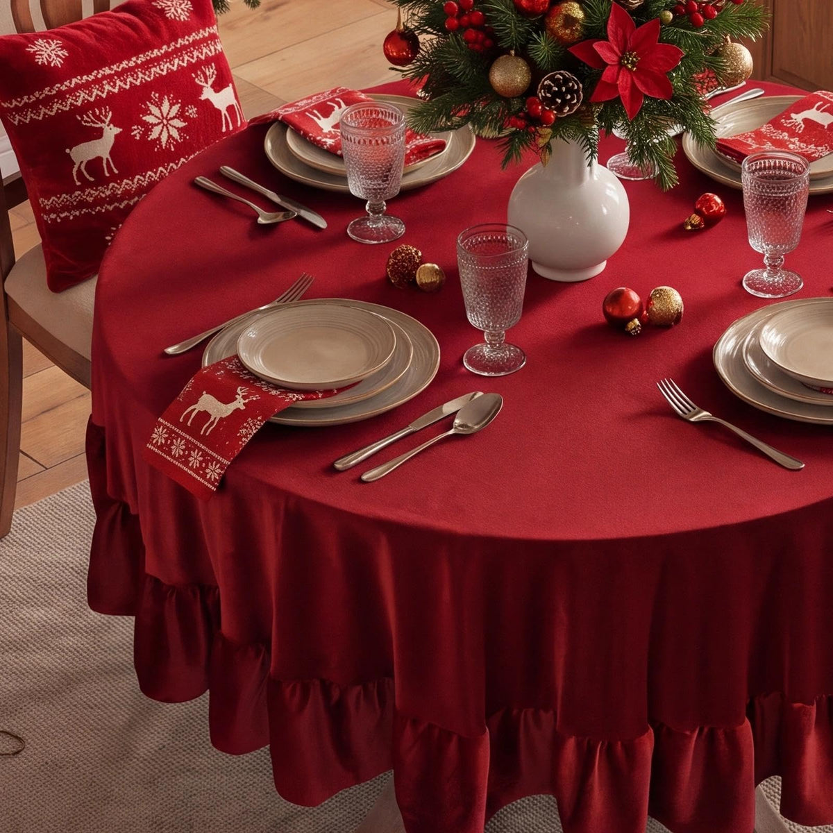 Ruffled Round Tablecloth, 70 Inch Christmas Red