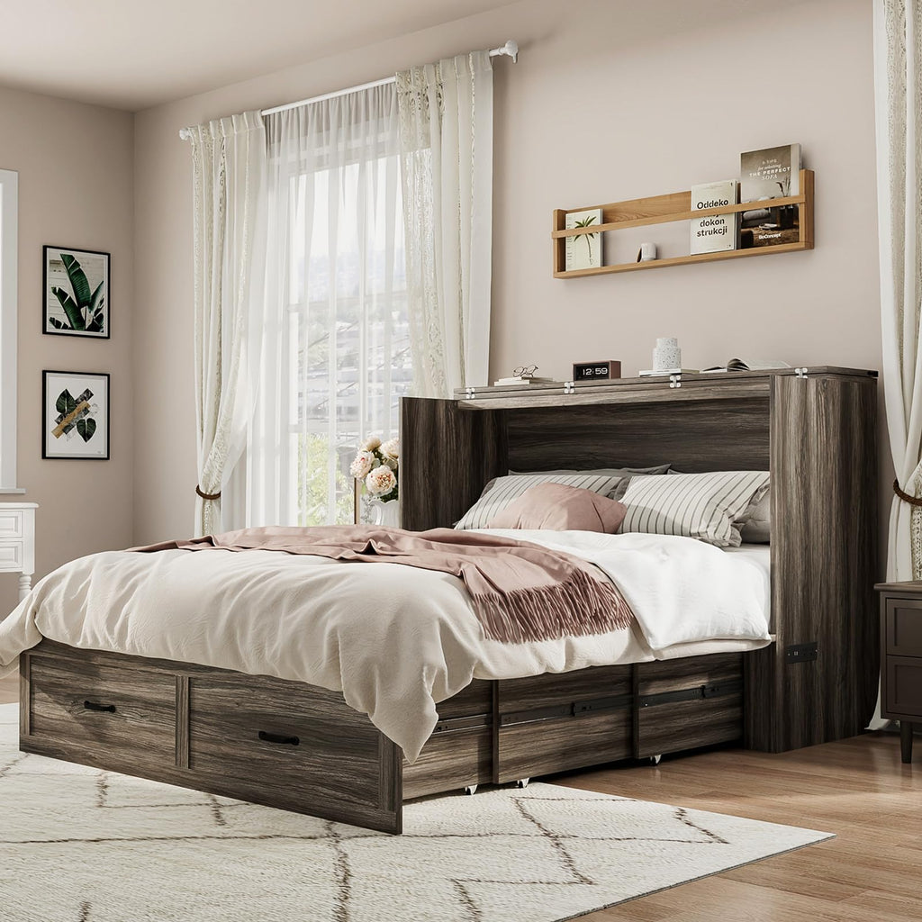Queen Size Farmhouse Murphy Bed with Drawer&Charging Station, Grey
