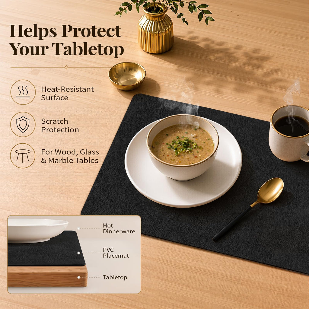 Vinyl Heat Resistant Placemats Set of 4, Black
