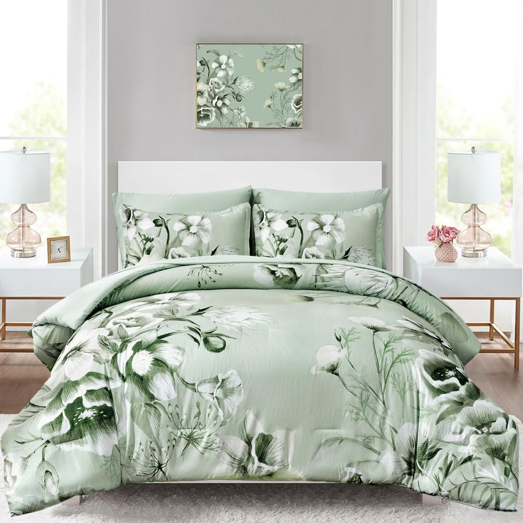Floral Comforter Set 7 Piece, Sage Green Flower Bed in a Bag, Elegant Floral Comforter with Sheet Set