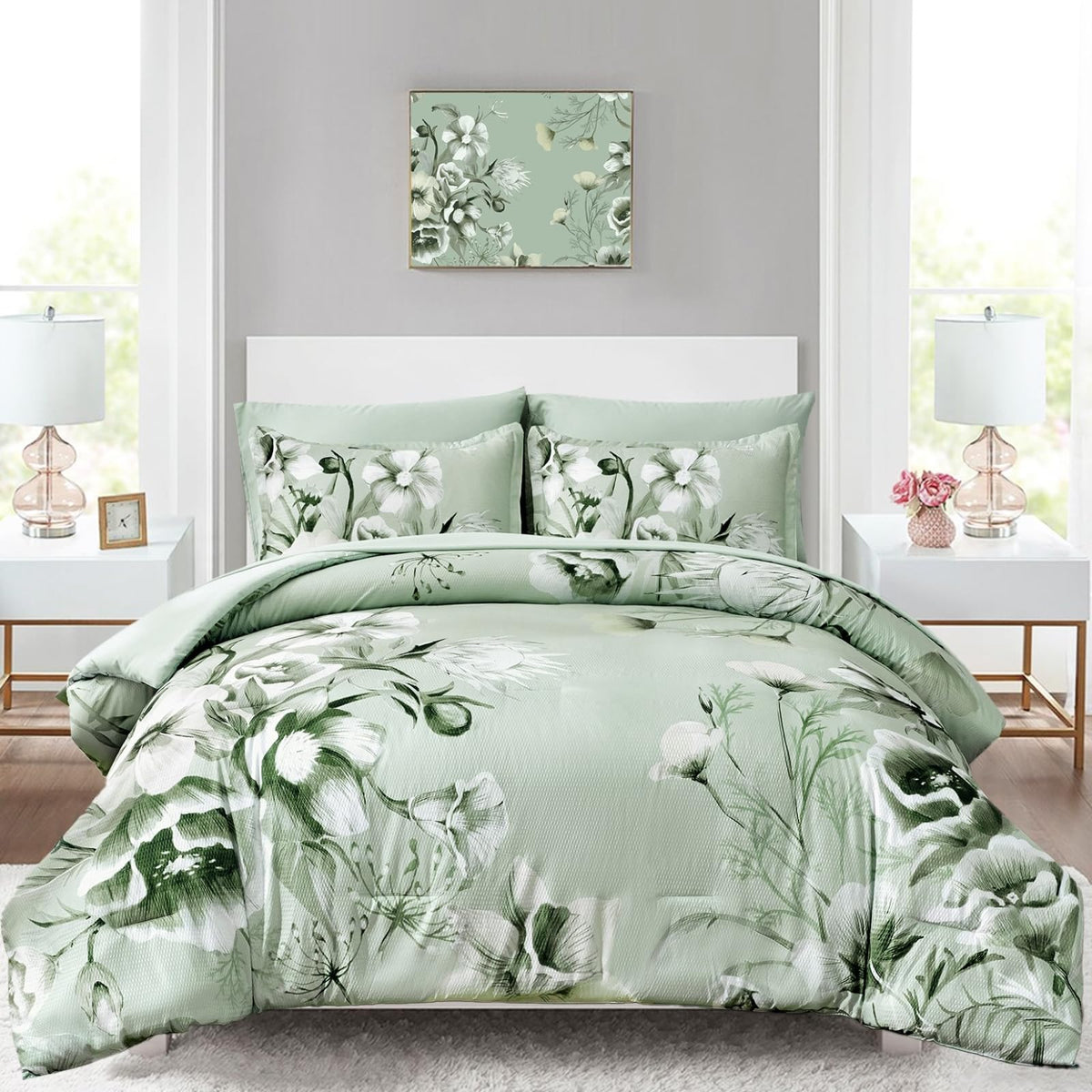 Floral Comforter Set 7 Piece, Sage Green Flower Bed in a Bag, Elegant Floral Comforter with Sheet Set