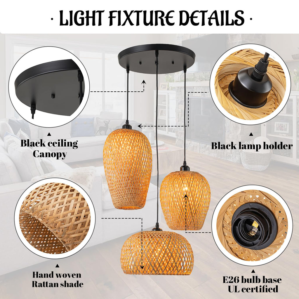 Rattan Pendant Light Bamboo Hanging Light 3-Lights Boho Pendant Light Fixture Woven Basket Wicker Shade Rattan