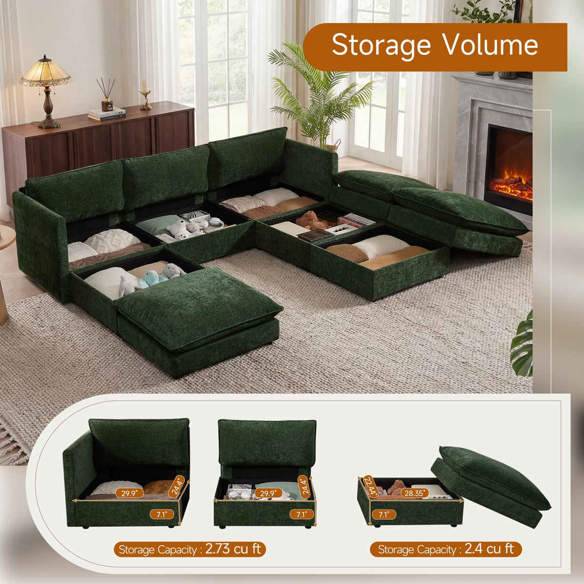 Modular Sofa Couch with Storage, 103" U-Shape Sectional Cloud Couch, Oversized Deep Seat Comfy Fabric Couch (Green