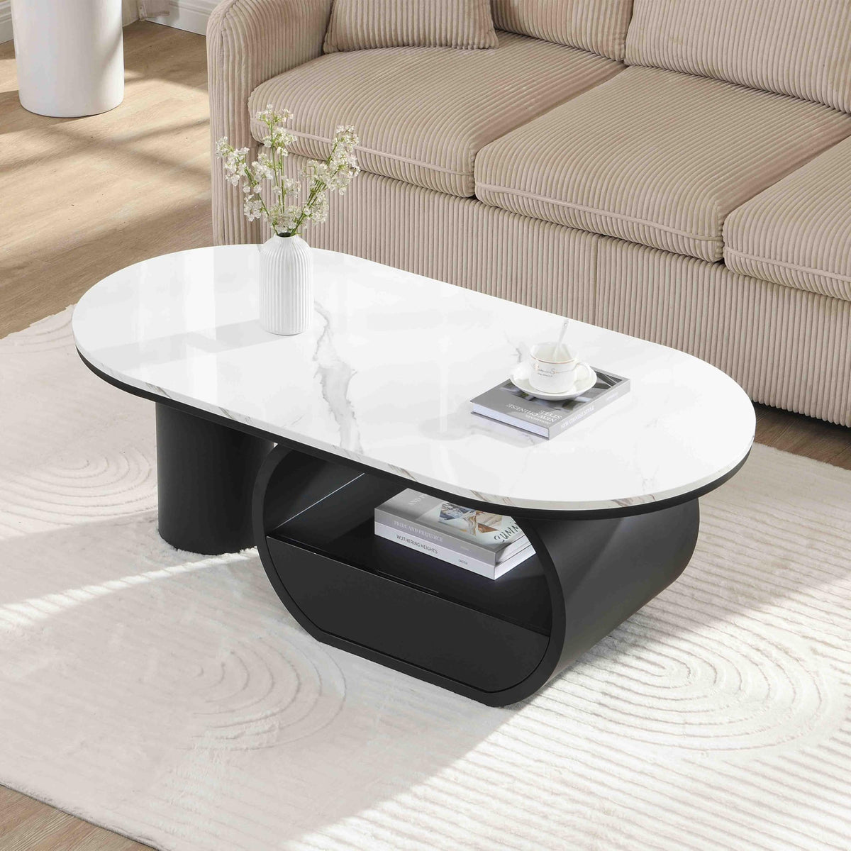 Inspired Saarinen Style Faux Marble Oval Coffee Table with Storage Drawer Pedestal Base