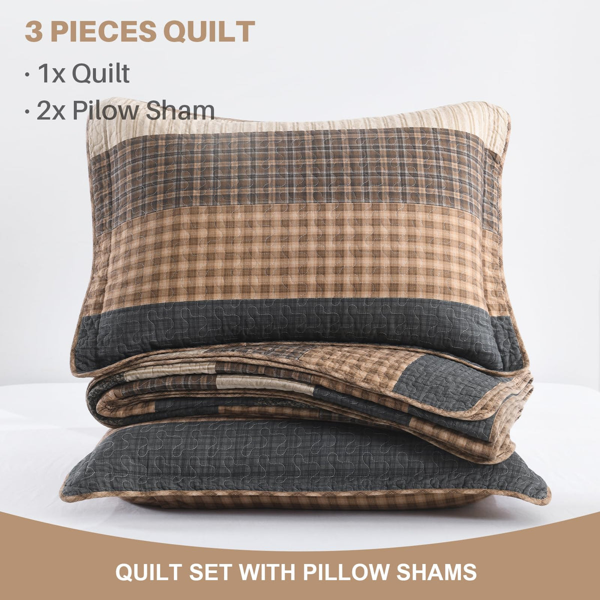 100% Cotton Farmhouse Quilt, Bedspread Set with Pillow Shams, Rustic Patchwork Striped Bedding