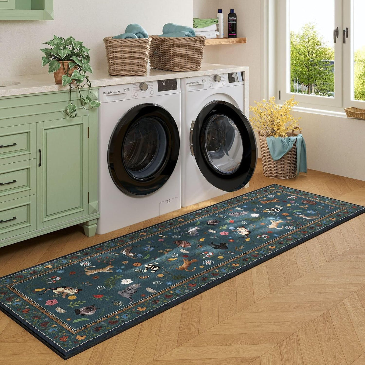 Runner Rug Washable Non Slip Floral Cat, Pearl Gentian Blue