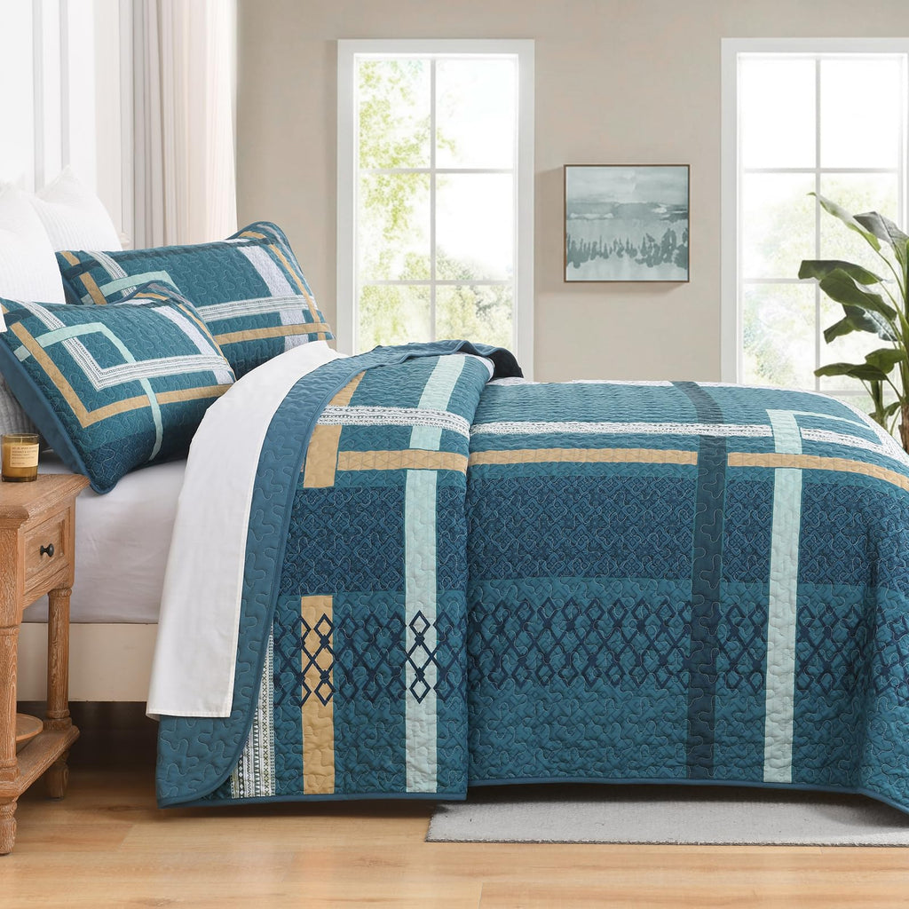 Teal Quilt Set, Boho Pachwork Stripe Bedspread